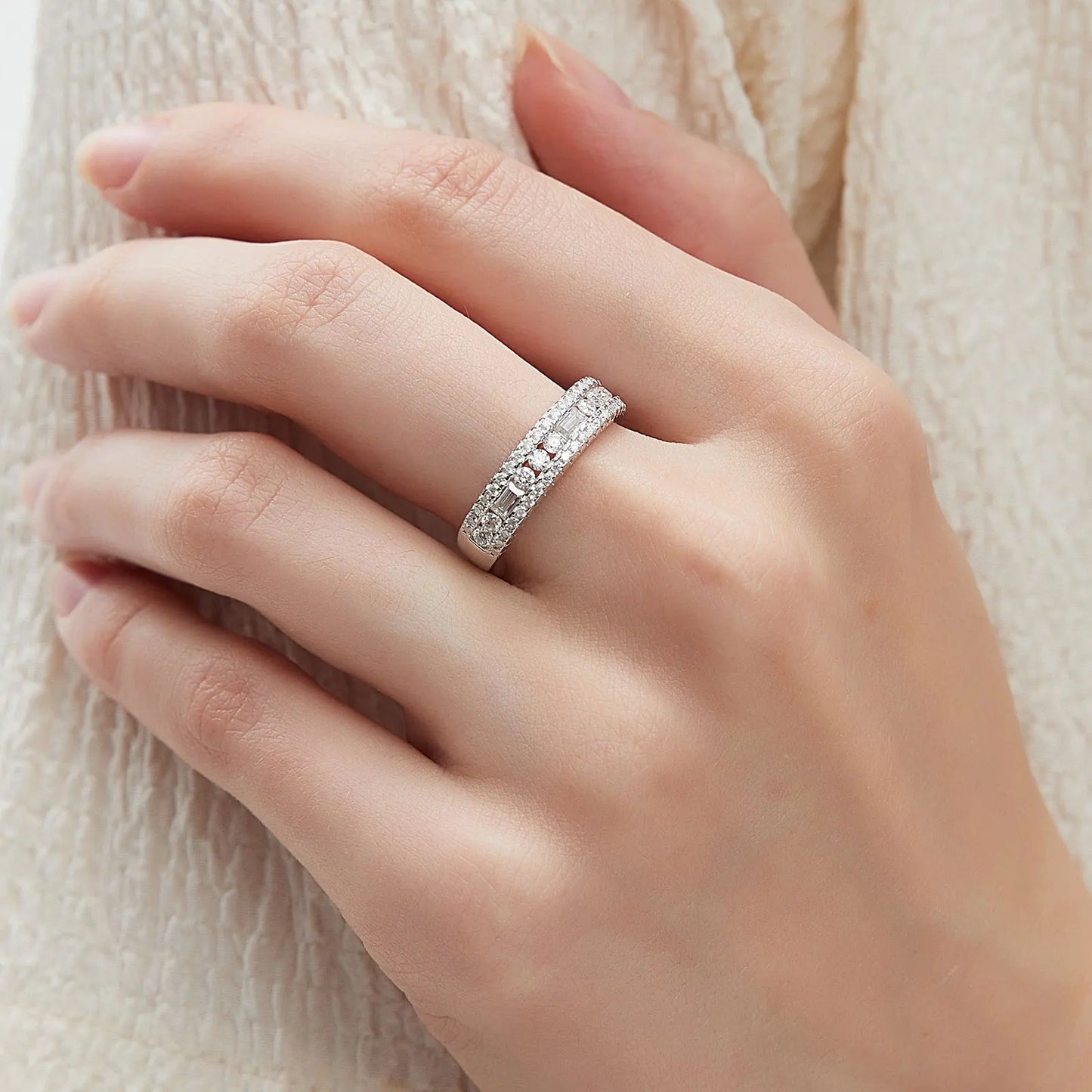 Newshe Moissanite Wide Sterling Silver Wedding Band