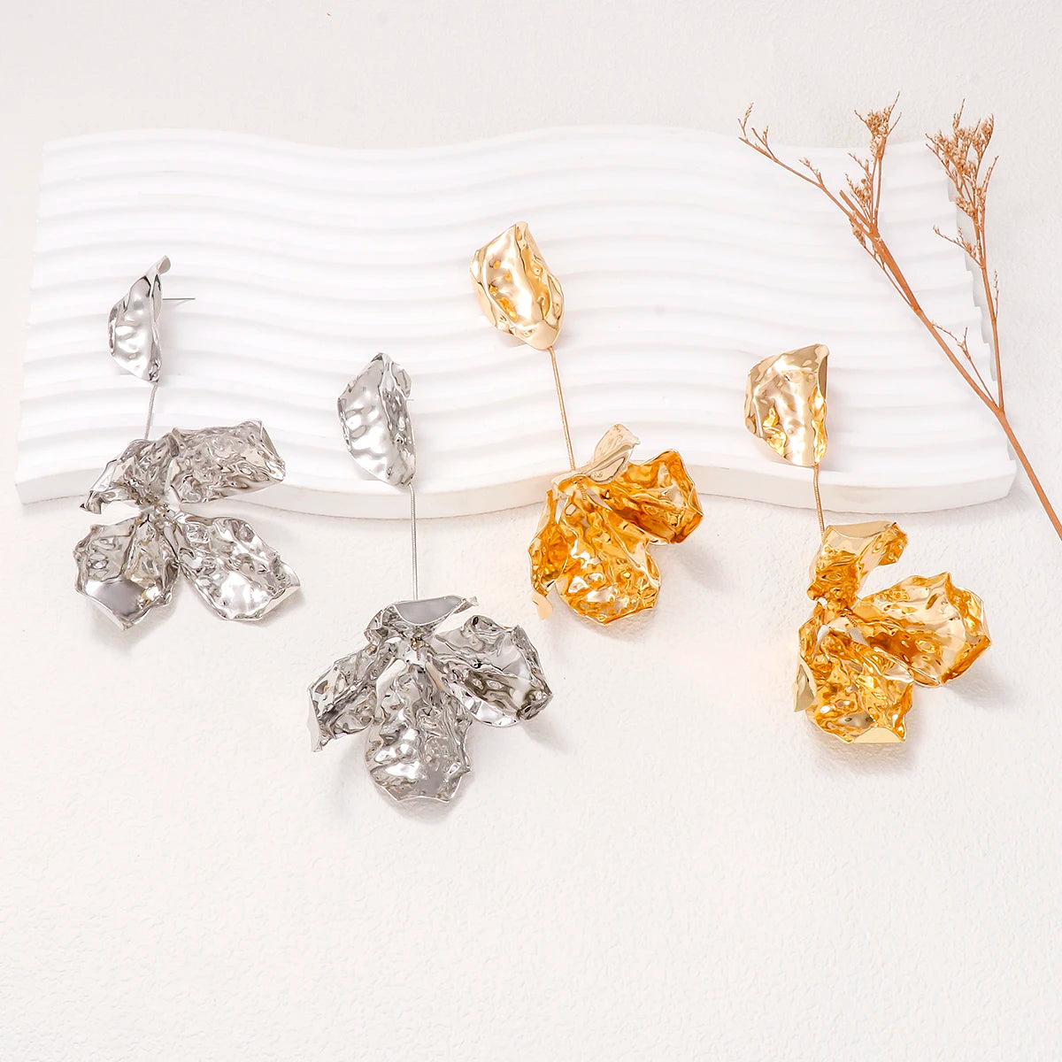 Elegant Statement Jewelry - Metal Flower Earrings