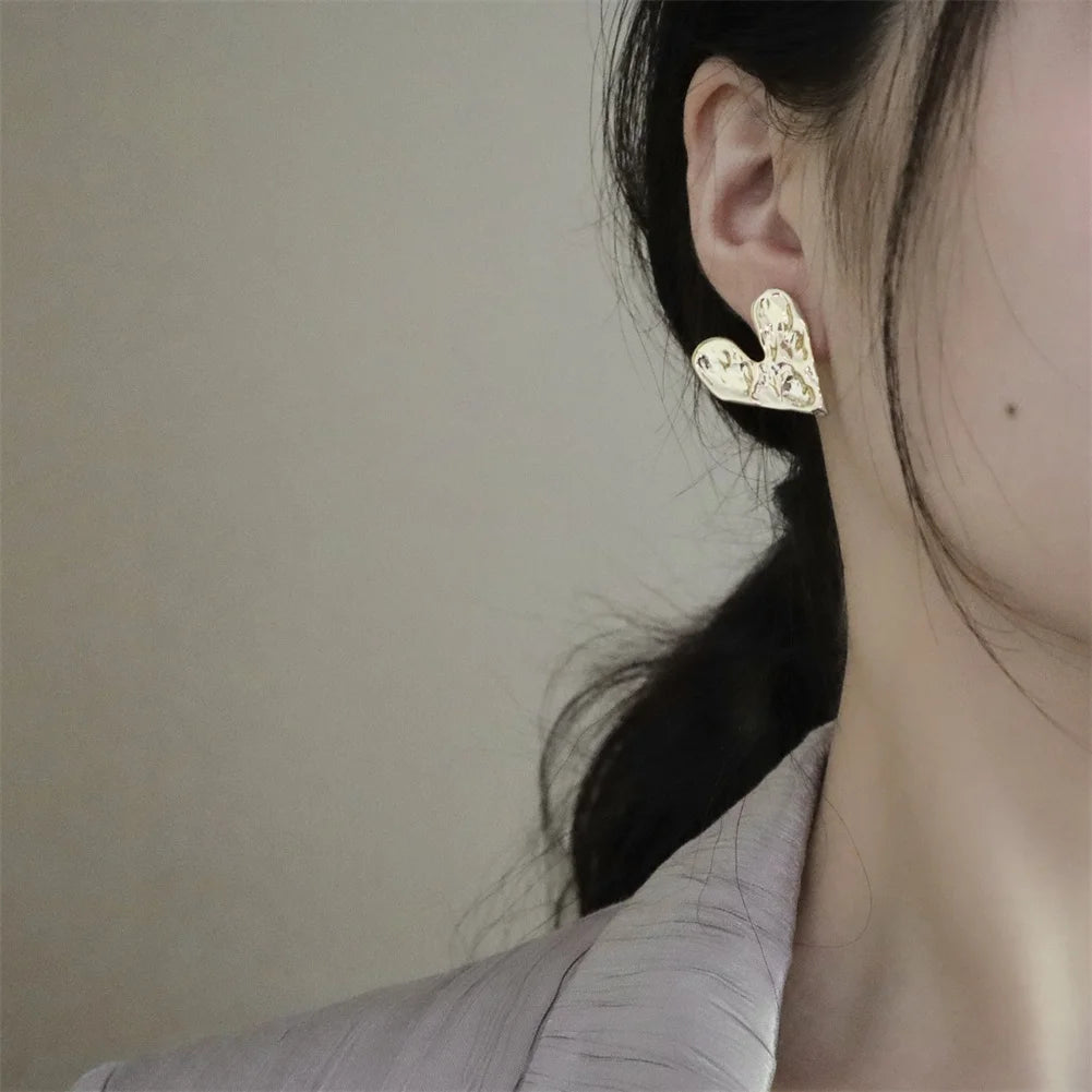 Gold Colour Concave Convex Heart Stud Earrings - Fashion Jewelry
