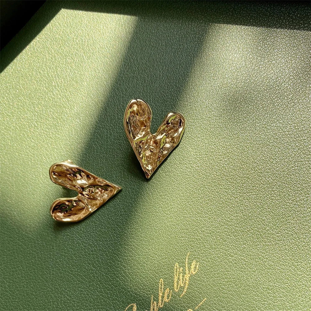 Gold Colour Concave Convex Heart Stud Earrings - Fashion Jewelry