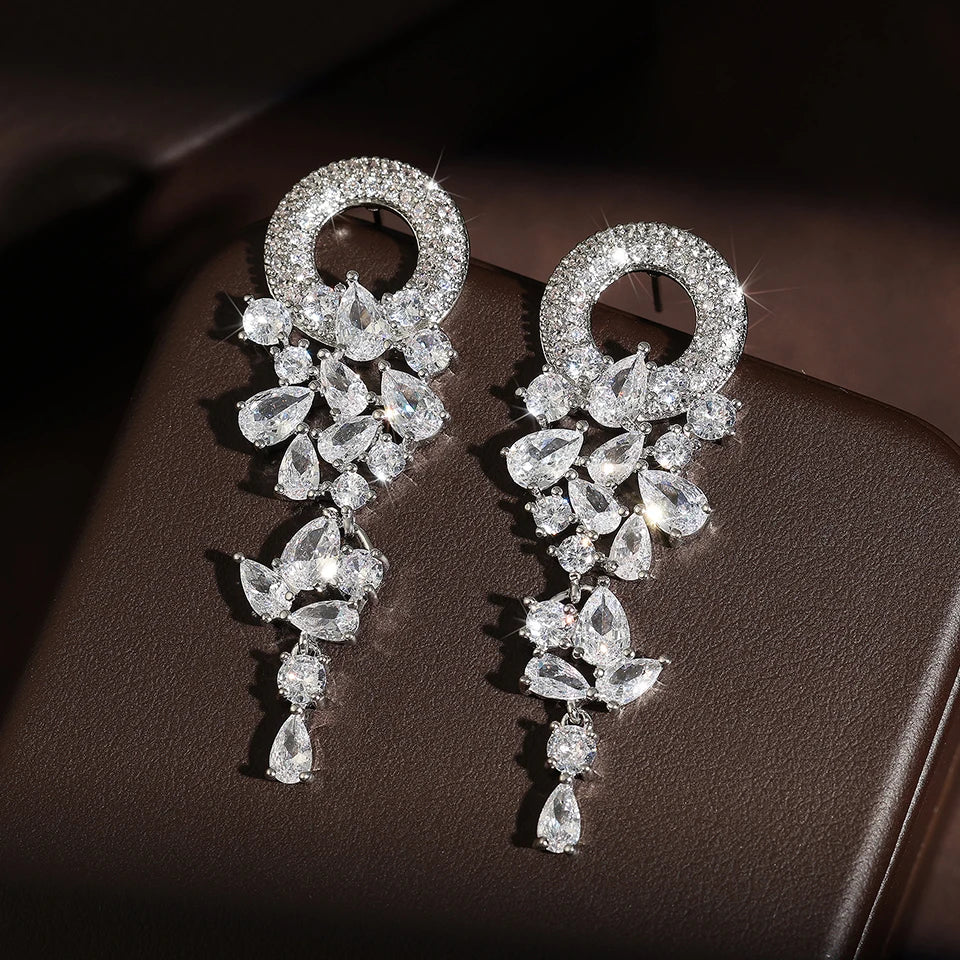 Vintage Sparkling Zircon Flower Dangle Earrings