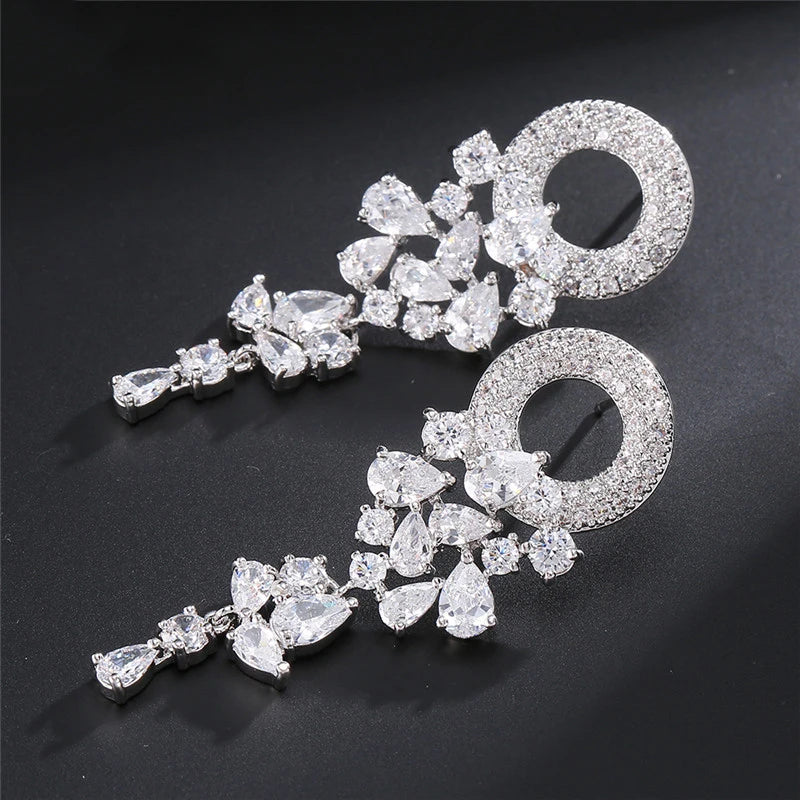Vintage Sparkling Zircon Flower Dangle Earrings