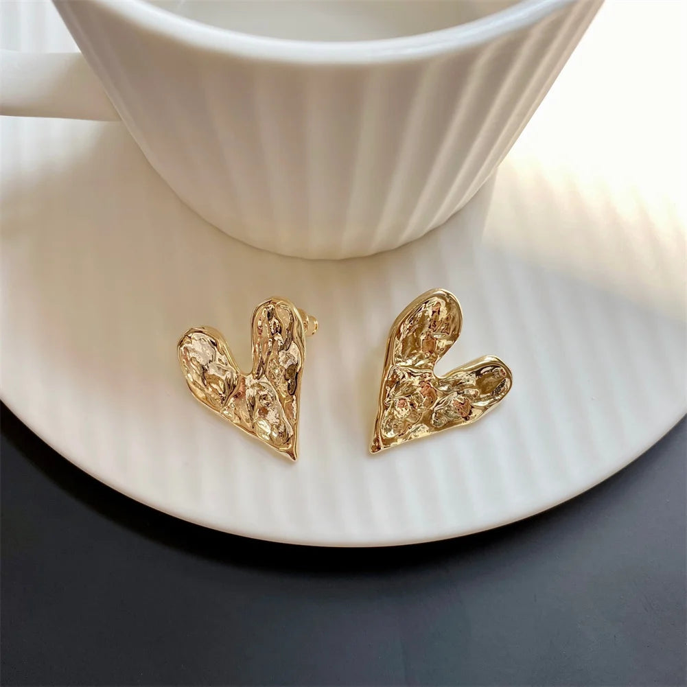 Gold Colour Concave Convex Heart Stud Earrings - Fashion Jewelry