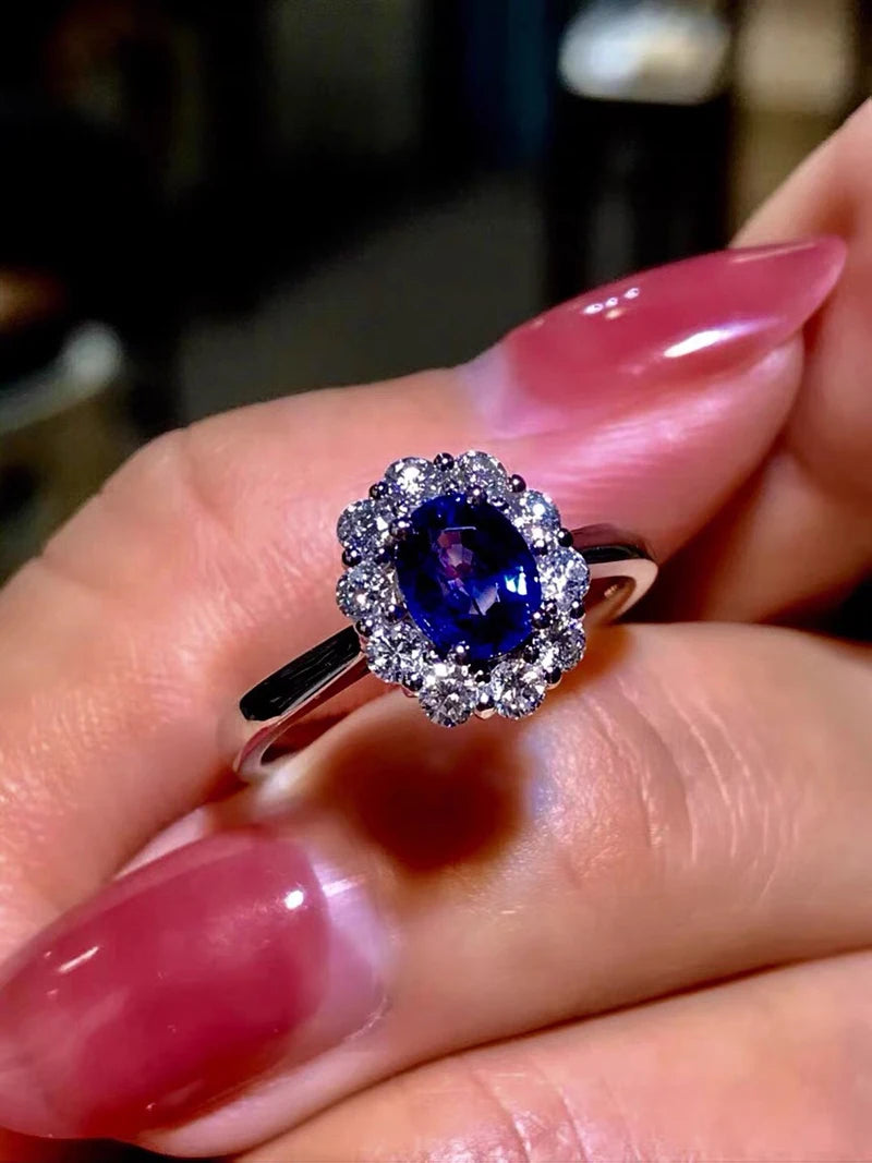 Blue CZ Flower Shaped Engagement Ring in 925 Sterling Silver