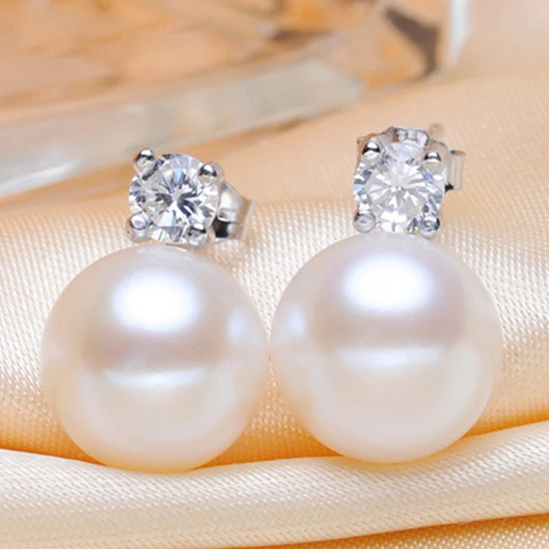 Elegant 9mm Natural Pearl Sterling Silver Earrings