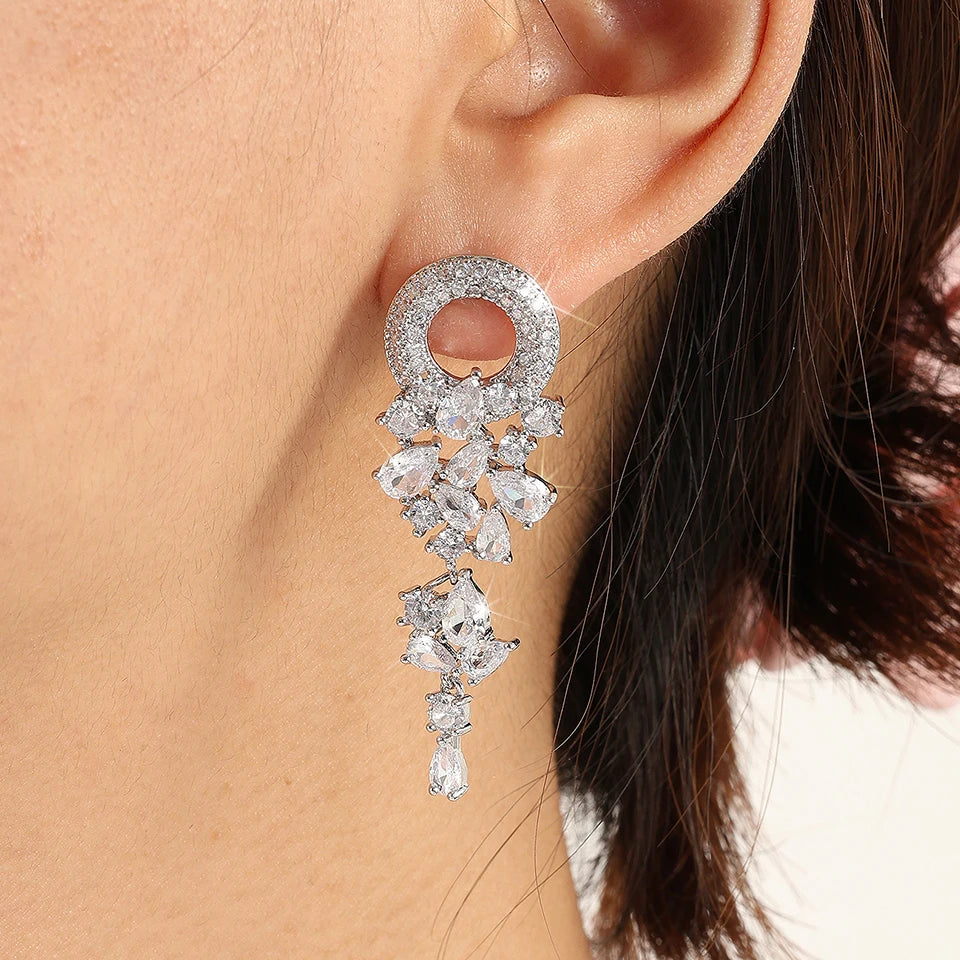 Vintage Sparkling Zircon Flower Dangle Earrings