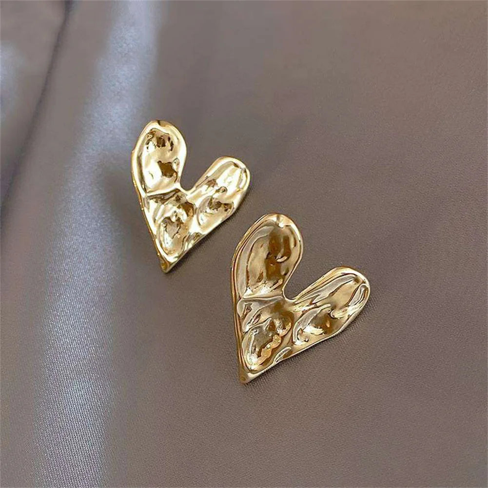 Gold Colour Concave Convex Heart Stud Earrings - Fashion Jewelry