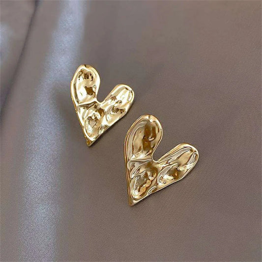 Gold Colour Concave Convex Heart Stud Earrings - Fashion Jewelry